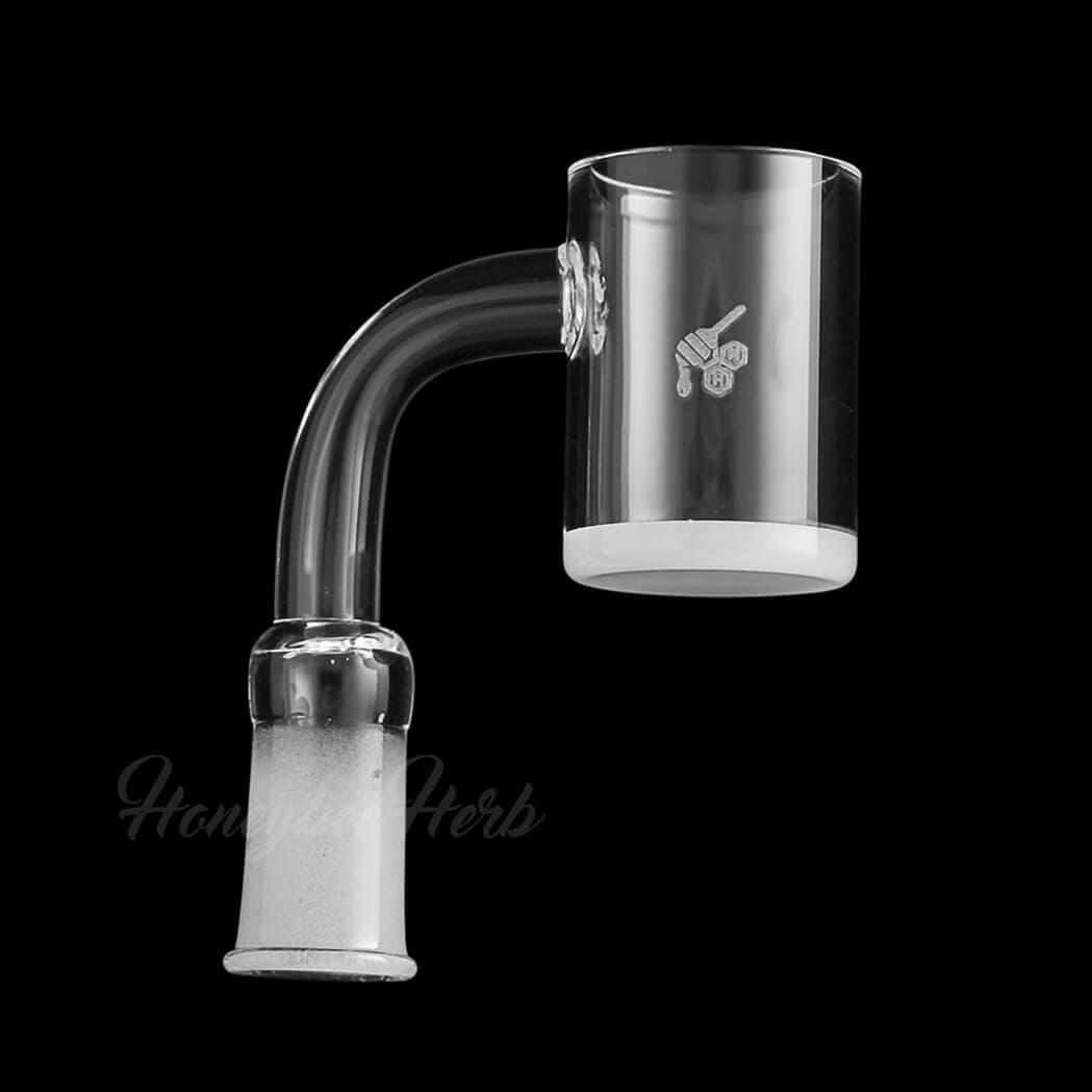 A close-up, angled view of the Honey & Milk Quartz Banger - 90° Degree, displaying its clear quartz construction.