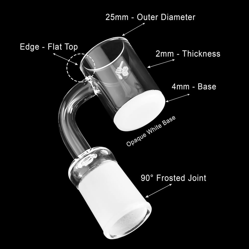 Close-up, angled view of the Honey & Milk Quartz Banger – 90° Degree, showcasing its clear quartz construction and rounded shape.