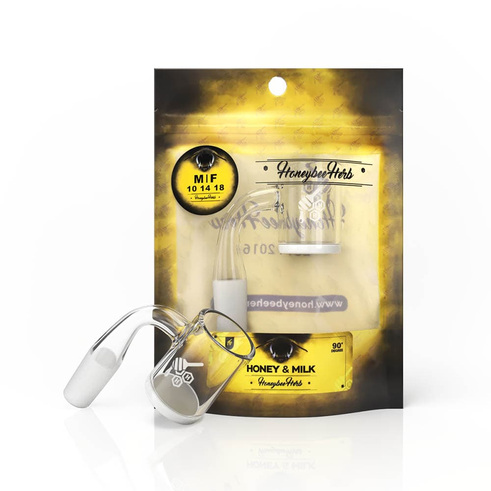 A close-up of the Honey & Milk Quartz Banger - 90° Degree, showcasing its clear quartz construction and angled design.