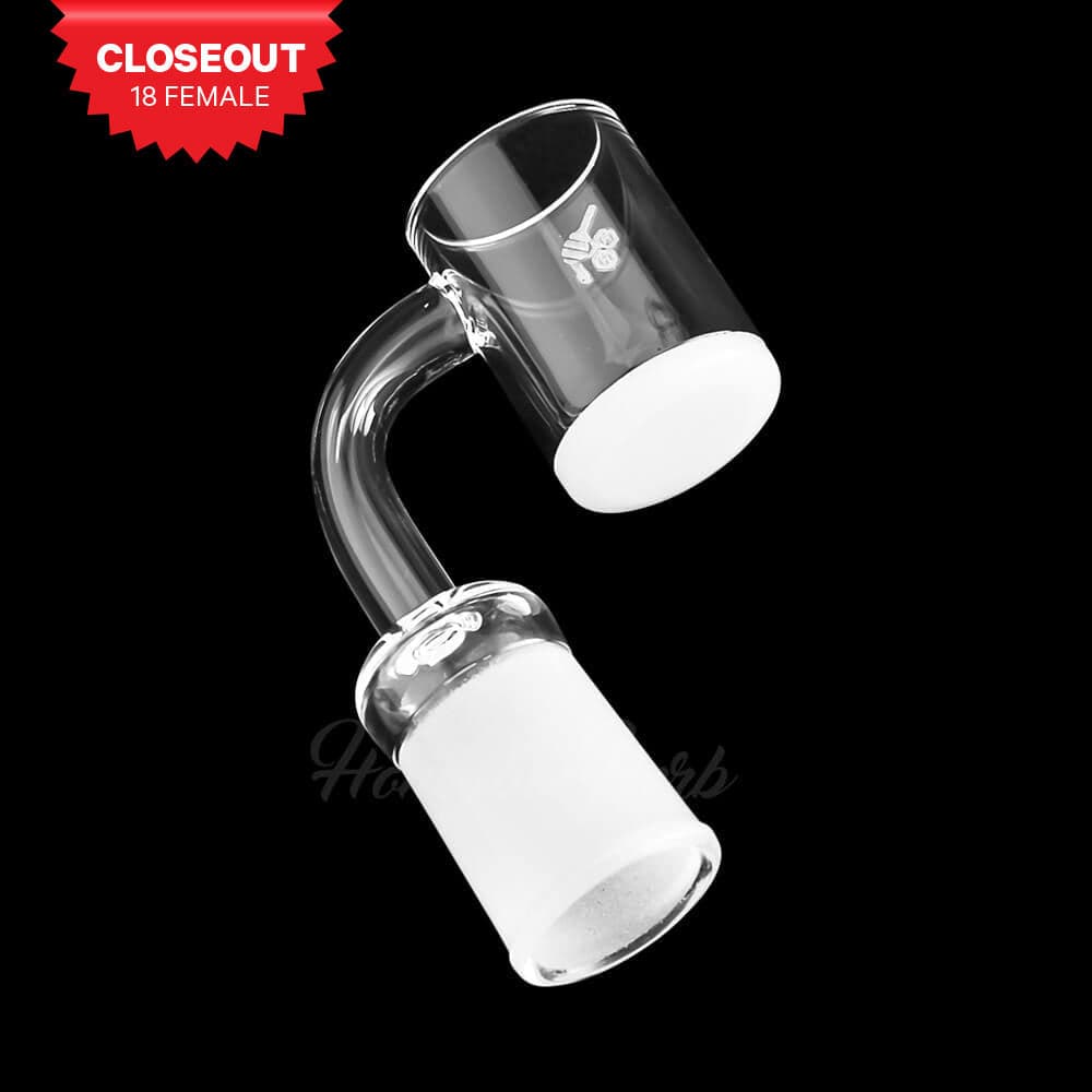 A close-up, angled view of the Honey & Milk Quartz Banger - 90° Degree, showing its clear quartz construction and rounded shape.