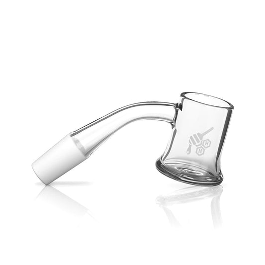 A 45° angled view of the HONEY MUG QUARTZ BANGER, showcasing its clear quartz construction and rounded form on a reflective surface.