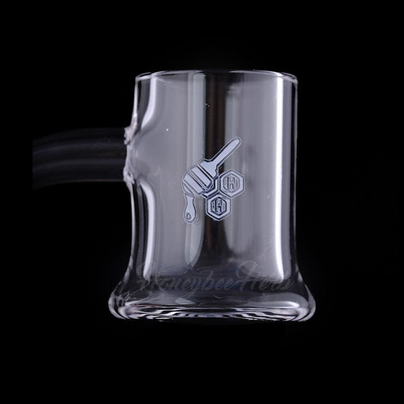 A studio shot of the HONEY MUG QUARTZ BANGER - 90° DEGREE, showing the clear glass banger from a slightly angled front view.
