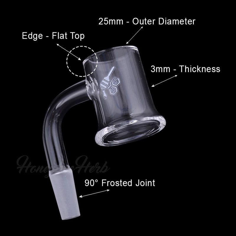 A close-up, angled view of the HONEY MUG QUARTZ BANGER - 90° DEGREE  YL, showing its polished, reflective surface and joint connection.