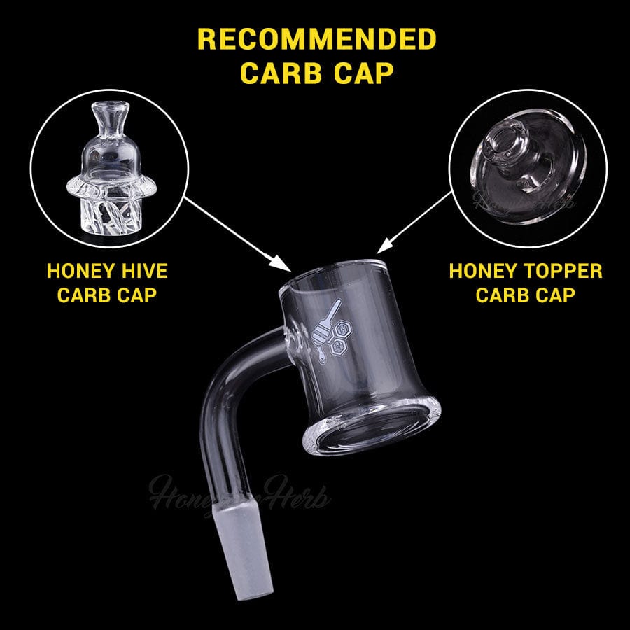 A close-up, angled view of the HONEY MUG QUARTZ BANGER - 90° DEGREE, showcasing its clear quartz construction and unique angled design.