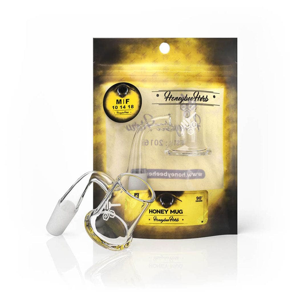 A close-up, angled view of the HONEY MUG QUARTZ BANGER - 90° DEGREE, showing the quartz banger's reflective surface and cylindrical shape.