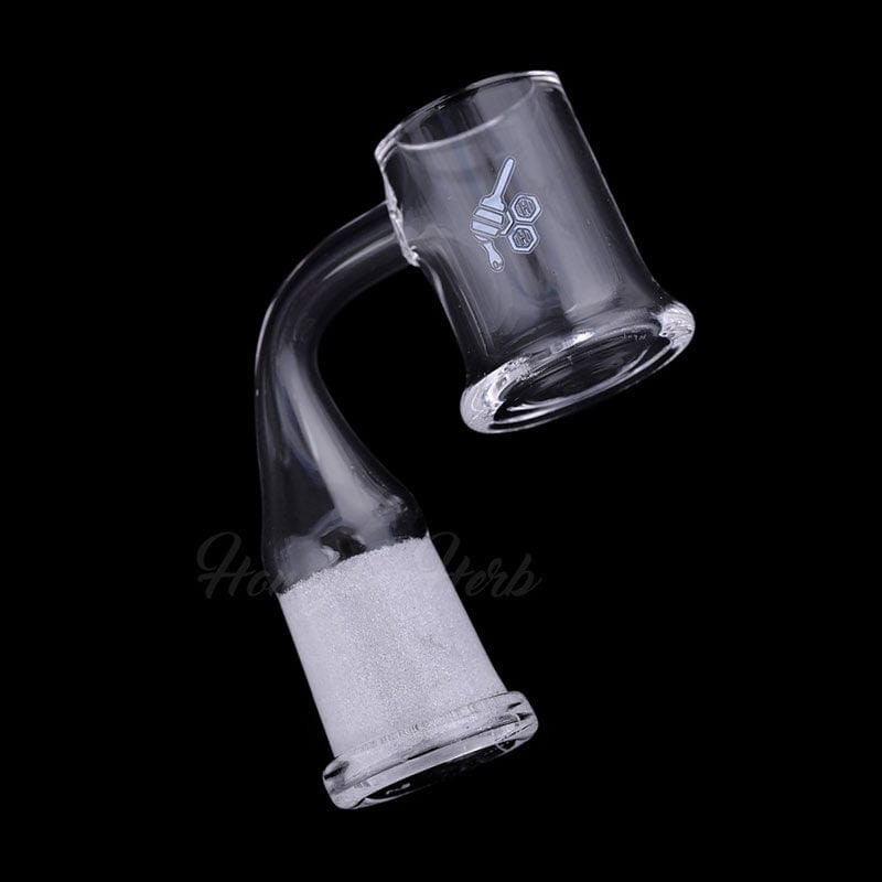 A close-up, angled view of the HONEY MUG QUARTZ BANGER - 90° DEGREE, featuring a clear quartz bowl with a distinct 90-degree bend.