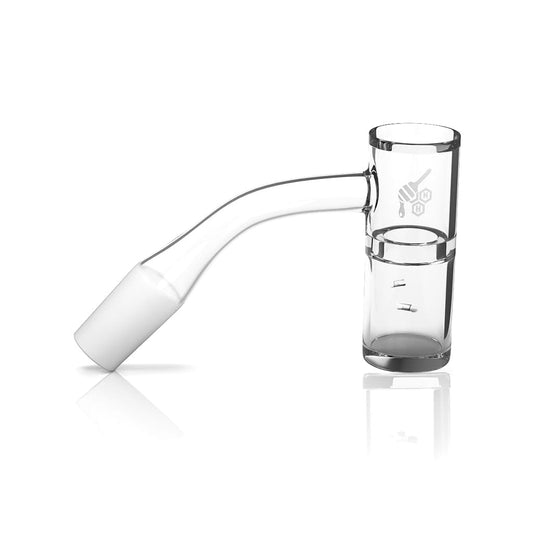 A 45-degree angled view of the HONEY WELL QUARTZ BANGER, showing the clear quartz construction and its reflective surface.
