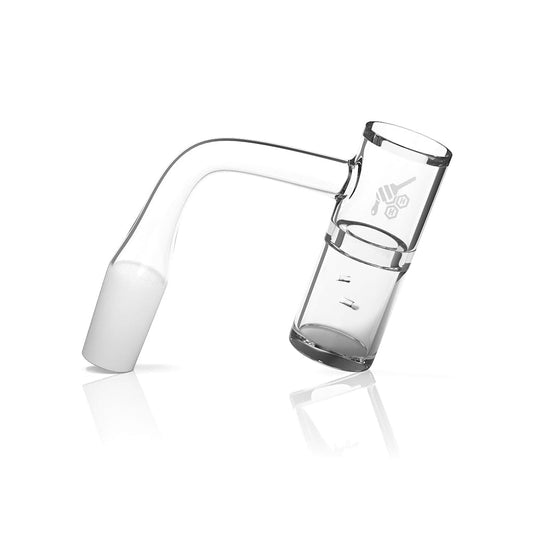 A 90-degree angled view of the HONEY WELL QUARTZ BANGER, showcasing its clear quartz construction and simple cylindrical form.