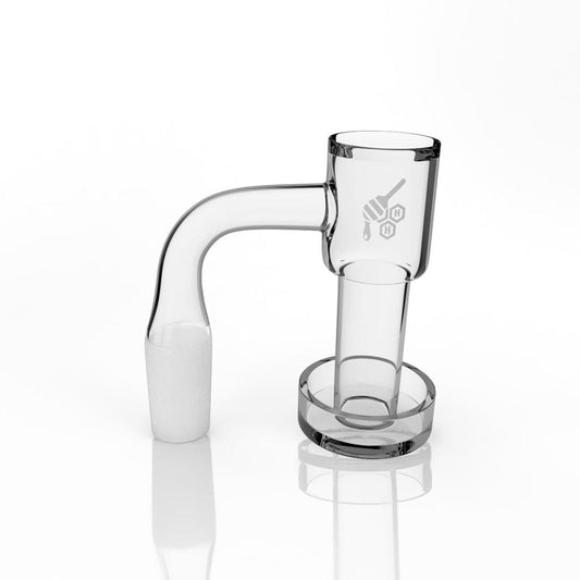 A studio shot of the HONEYSUCKLE BEVEL QUARTZ BANGER - 90° DEGREE, showing its angled quartz cup reflecting light on a glossy surface.