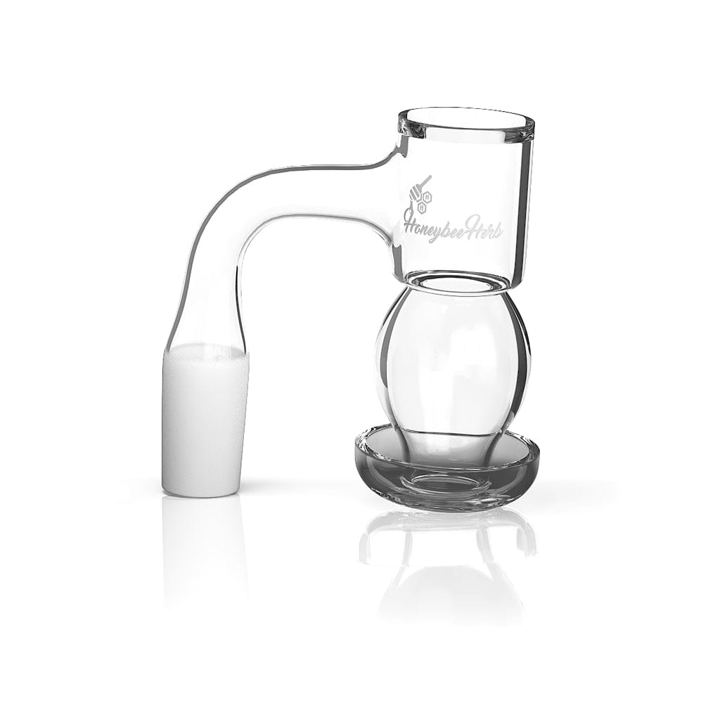 Clean studio side view of the Honeysuckle Bubble Quartz Banger - 90Â° Degree | Bl showing its clear 90-degree joint and bubble chamber.