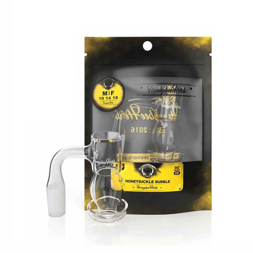 Front-facing product shot of the Honeysuckle Bubble Quartz Banger - 90Â° Degree | Bl showing the clear 90-degree glass banger and bubble chamber against its black and gold branded pouch.