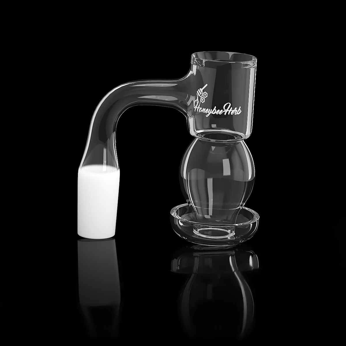 Three-quarter view of the Honeysuckle Bubble Quartz Banger - 90Â° Degree | Bl showing its clear glass 90-degree joint and rounded bubble chamber against a black reflective background.