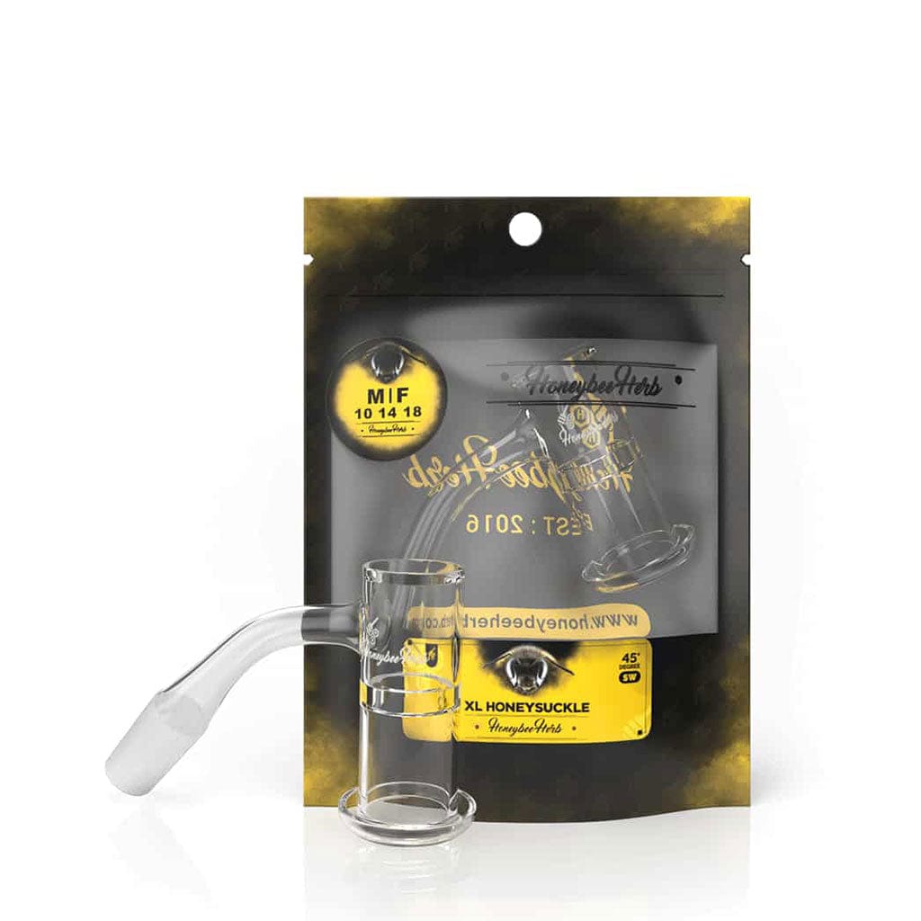 Front-facing product shot of the Honeysuckle Xl Quartz Banger - 45Â° Degree | Bl resting upright in front of its black and yellow branded pouch, lit with soft studio lighting.
