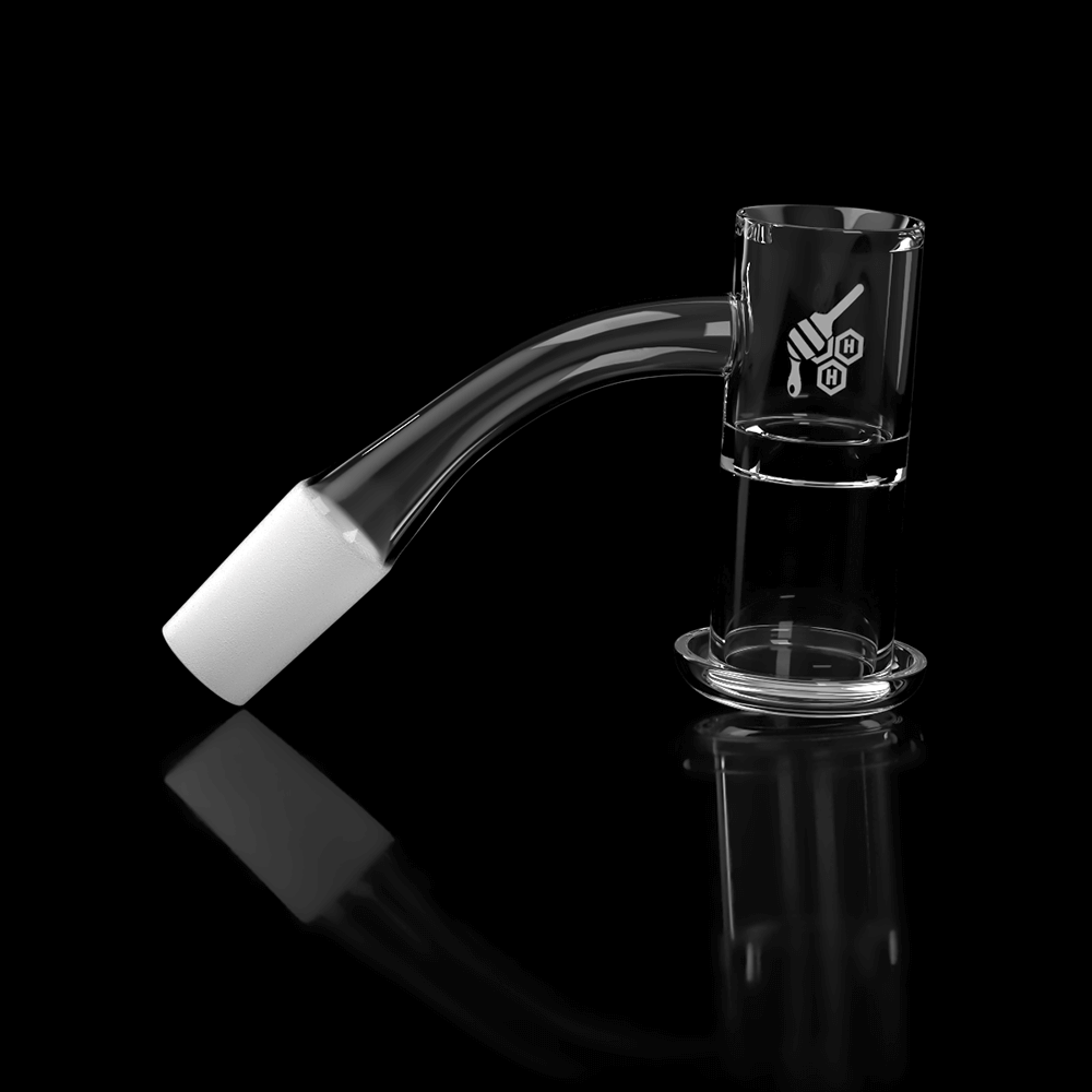 A studio shot of the HONEYSUCKLE XL QUARTZ BANGER - 45° DEGREE, showcasing its angled quartz cup and reflective surface.