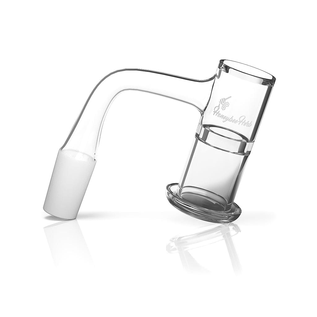 Angled studio shot of the Honeysuckle Xl Quartz Banger - 90Â° Degree | Bl 10mm male joint, showing its clear glass bucket, curved 90° neck, frosted male connector and soft reflection.