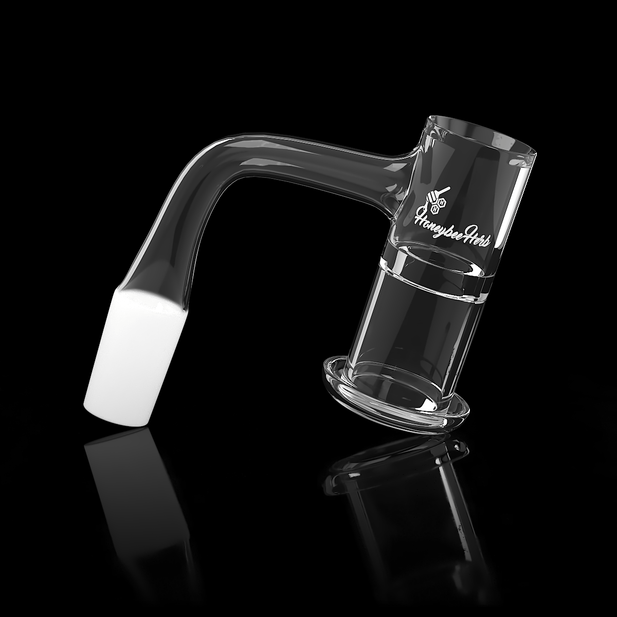 Angled close-up of the Honeysuckle Xl Quartz Banger - 90Â° Degree | Bl showing a clear glass 90-degree quartz joint with a white frosted 14mm tip and soft reflections on a black background