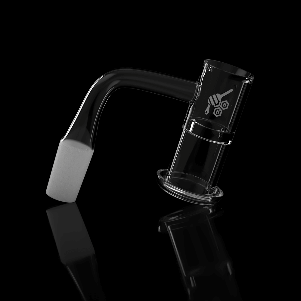 Angled close-up of the Honeysuckle Xl Quartz Banger - 90° Degree | Yl showing its clear glass joint and frosted 90° tip against black.