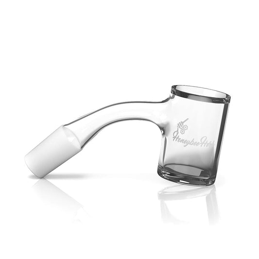 A 45-degree angle studio shot of the ORIGINAL BEVEL QUARTZ BANGER, showing its clear quartz construction and reflective surface.