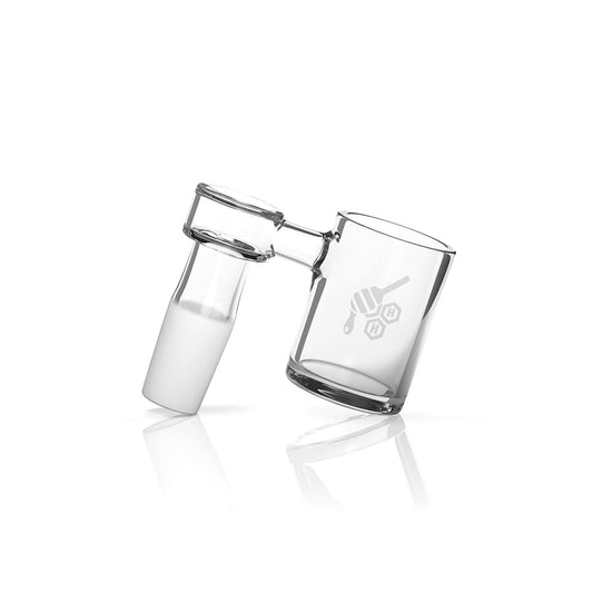 The ORIGINAL SIDECAR QUARTZ BANGER - 90° DEGREE is displayed at an angle against a reflective surface, highlighting its clear quartz construction.