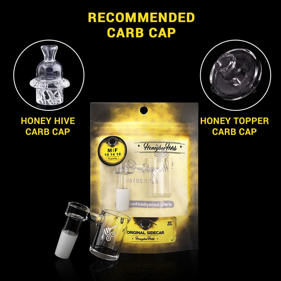 A 90° degree view of the ORIGINAL SIDECAR QUARTZ BANGER, showcasing its reflective surface against a dark background.