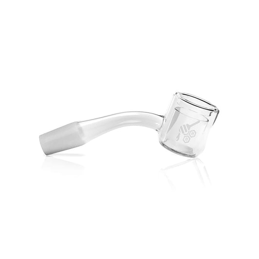 A 45-degree angled view of the THERMAL QUARTZ BANGER, showing its clear quartz construction and rounded shape against a white background.