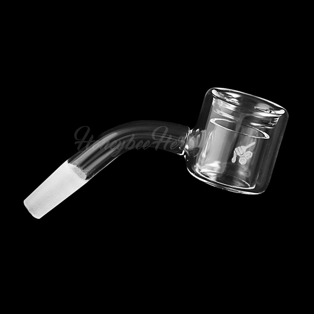 A 45-degree angled view of the THERMAL QUARTZ BANGER - 45° DEGREE  YL, featuring a clean, clear quartz construction.