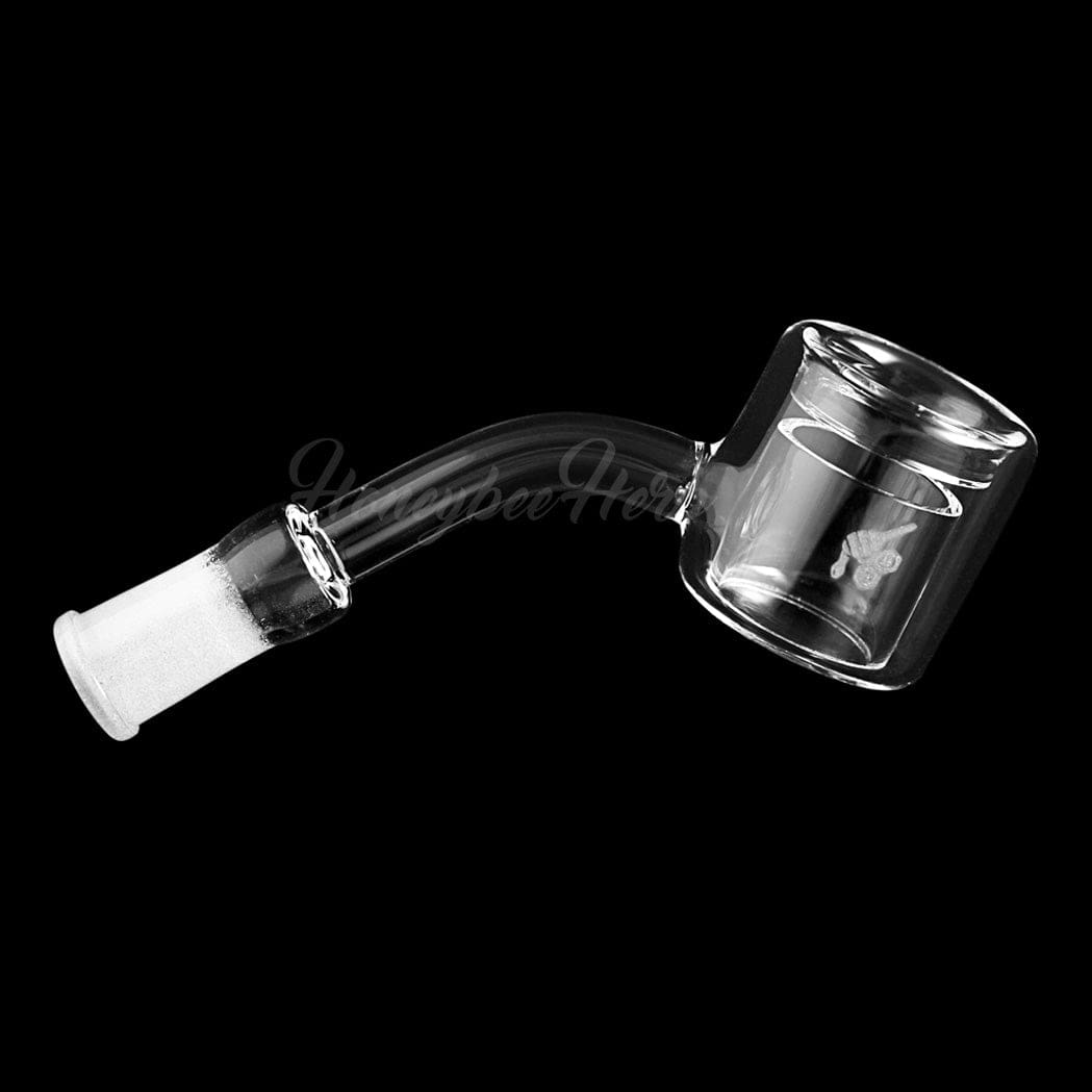 A 45-degree angled view of the THERMAL QUARTZ BANGER - 45° DEGREE  YL, showcasing its clear quartz construction and rounded shape.