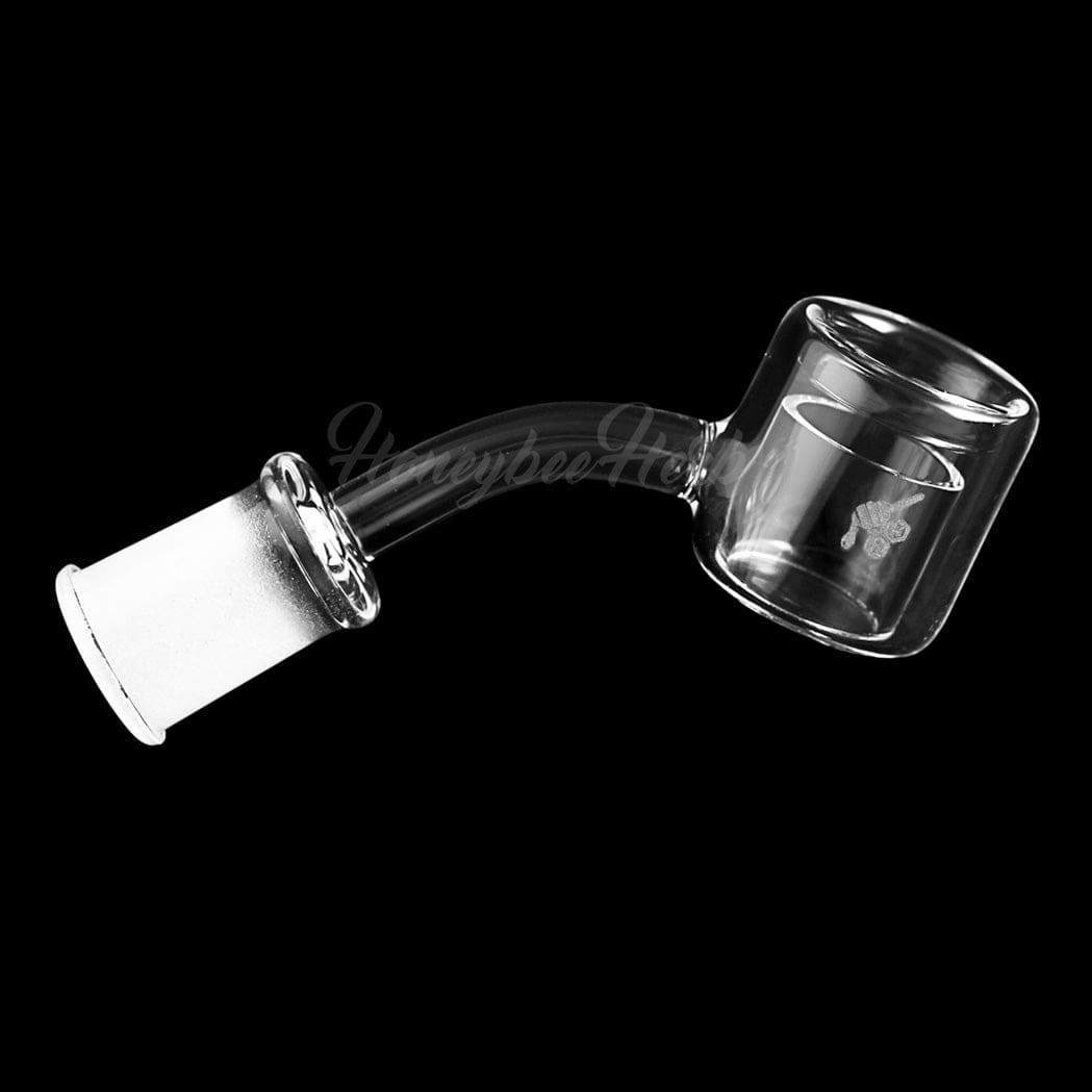 A close-up, angled view of the YL Thermal Quartz Banger, showcasing its 45-degree design and clear quartz material.