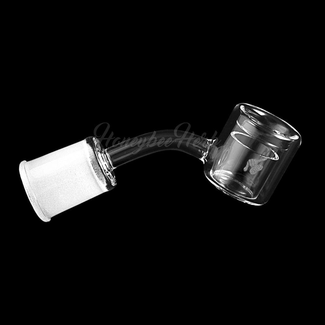 A close-up, angled view of the THERMAL QUARTZ BANGER - 45° DEGREE  YL, showcasing its clear quartz construction and 45-degree angle.