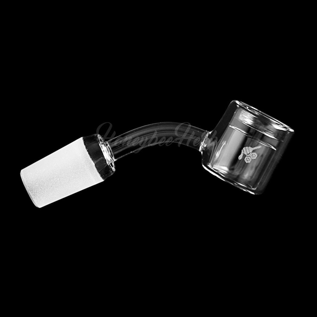 A slightly angled view of the THERMAL QUARTZ BANGER - 45° DEGREE  YL, showing its clear quartz construction and 45-degree angle.