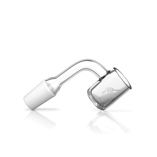 A close-up, angled view of the THICK ORIGINAL QUARTZ BANGER - 90° DEGREE  YL, showing its clear quartz construction and 90-degree bend.