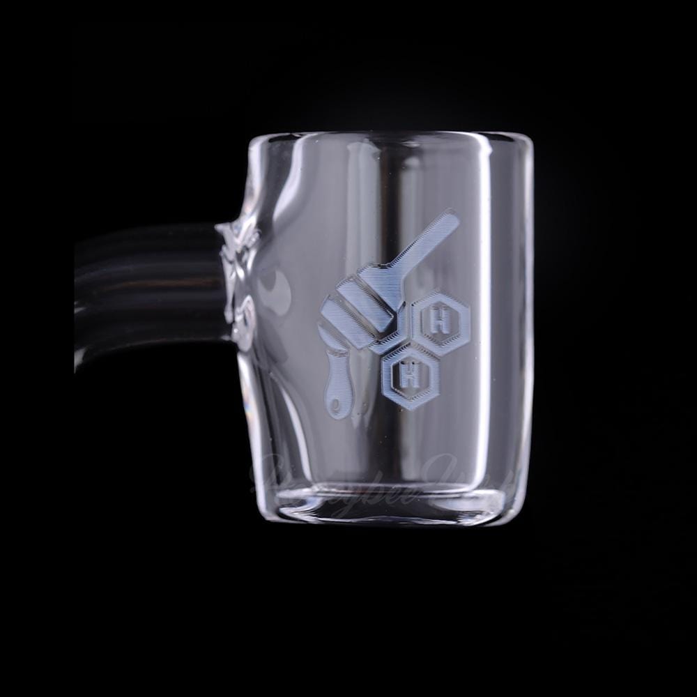 A side view of the THICK ORIGINAL QUARTZ BANGER - 90° DEGREE  YL, showcasing its clear quartz construction and angled design.