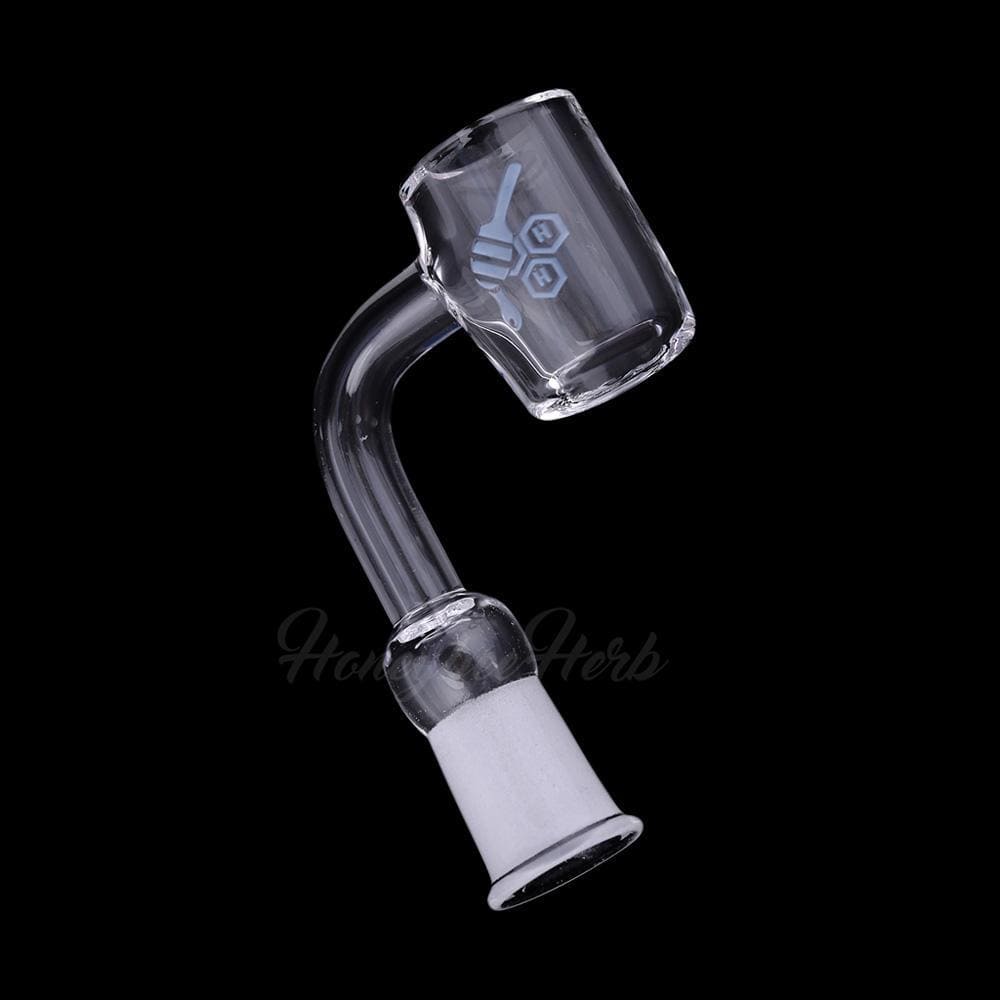 A close-up, angled view of the THICK ORIGINAL QUARTZ BANGER - 90° DEGREE  YL, showcasing its clear quartz construction and 90-degree angle.