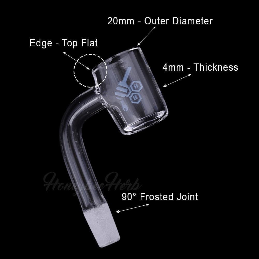 A close-up, angled view of the THICK ORIGINAL QUARTZ BANGER - 90° DEGREE  YL, showing its clear quartz construction and 90-degree bend.