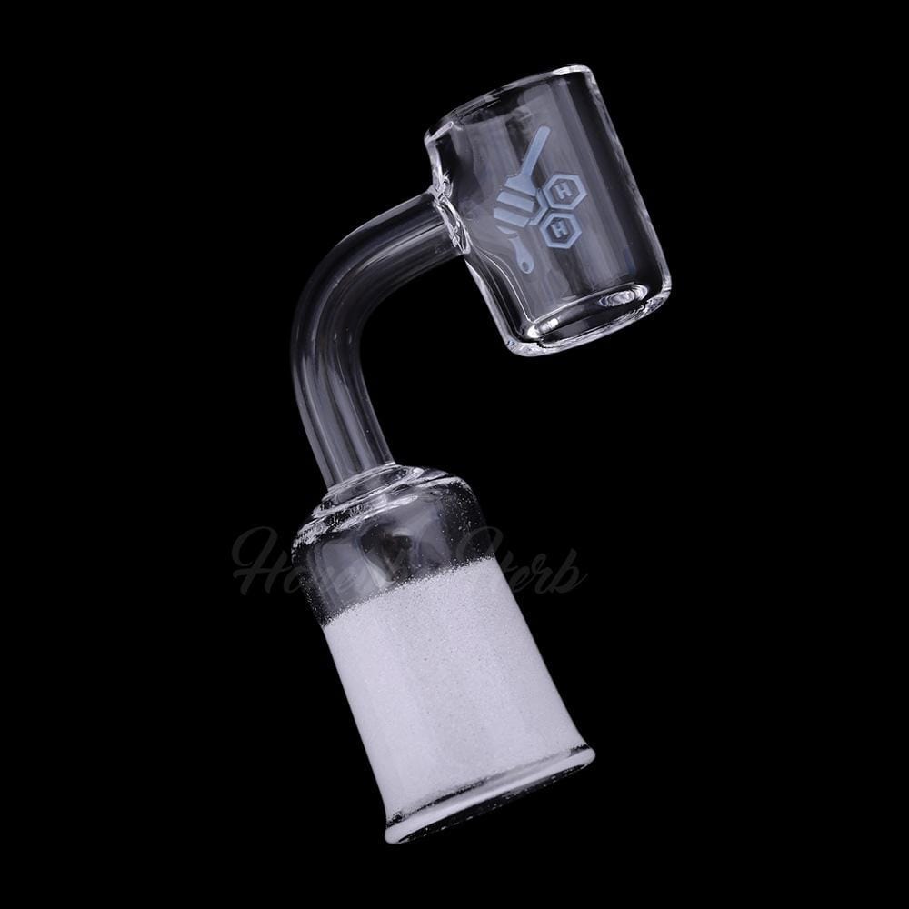 A close-up, angled view of the THICK ORIGINAL QUARTZ BANGER - 90° DEGREE  YL, displaying its clear quartz construction and 90-degree bend.