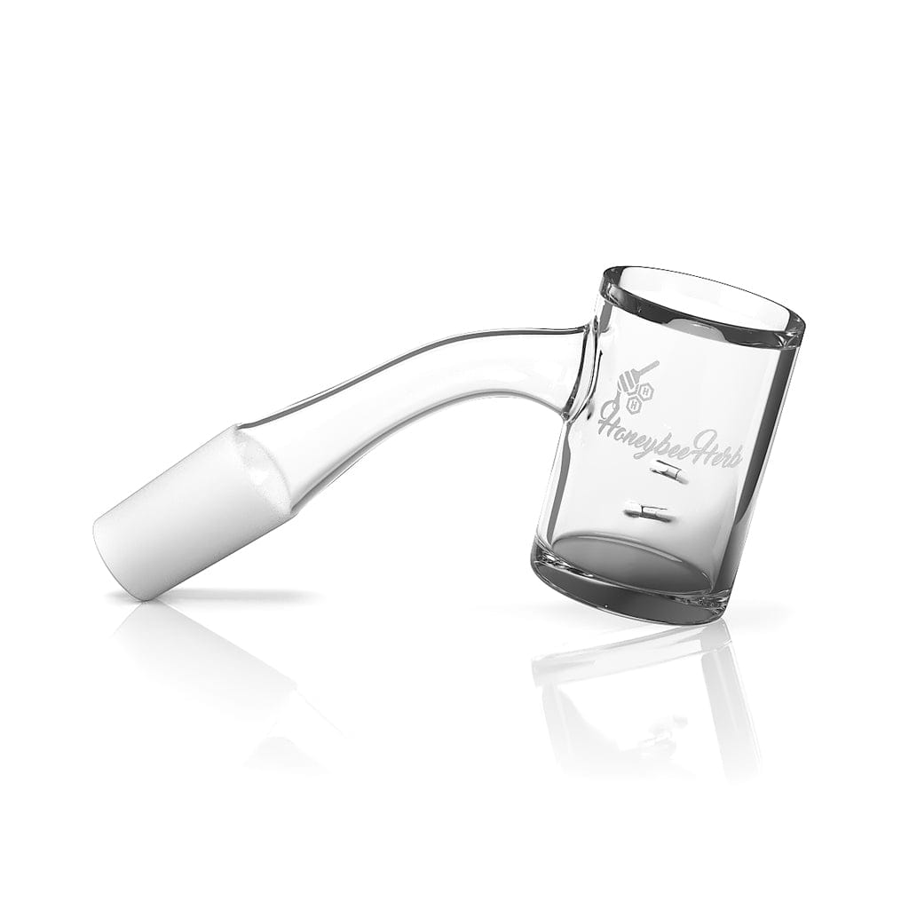 A 45-degree angled view of the WHIRLWIND QUARTZ BANGER, showcasing its clear quartz construction and reflective surface.