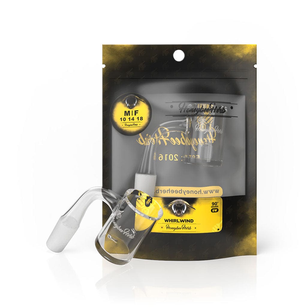 A front-facing product shot of the Honeybee Herb Whirlwind Quartz Banger - 90Â° Degree | Bl showing the clear 90-degree quartz banger leaning against its black and yellow branded pouch on a white background.