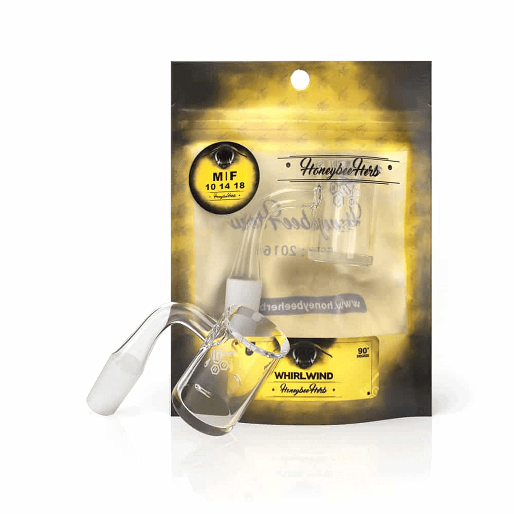 Front-angle shot of the WHIRLWIND QUARTZ BANGER - 90Â° DEGREE | YL resting against its yellow-black HoneybeeHerb packaging, showing the clear 90-degree quartz joint and bucket.