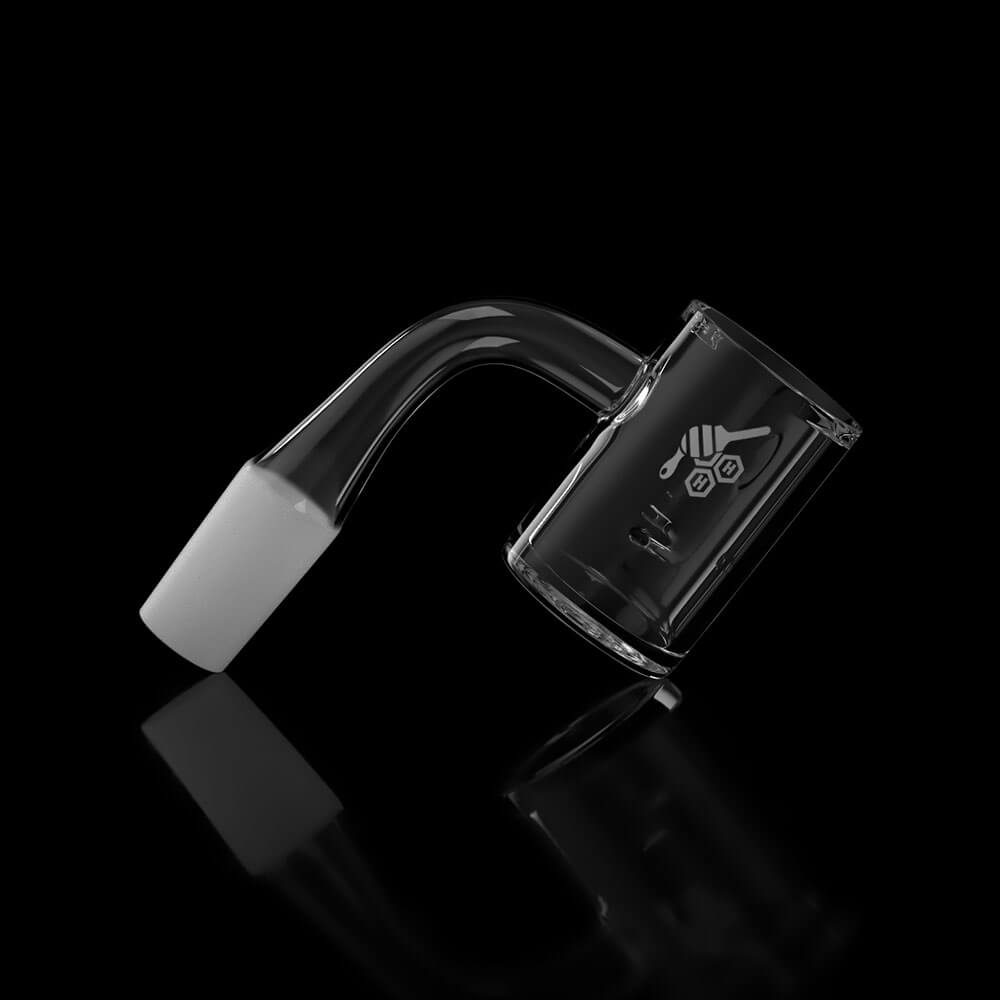 Angled close-up of the WHIRLWIND QUARTZ BANGER - 90° DEGREE | YL showing its curved glass neck, frosted 14mm female joint, and reflective black background