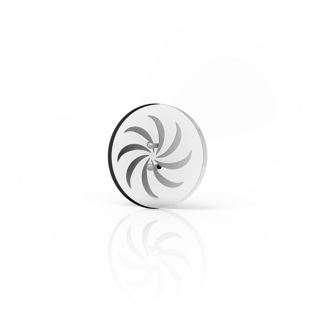 A top-down view of the Quartz Whirlwind Disc Carb Cap, showcasing its circular, swirling design and reflective surface.
