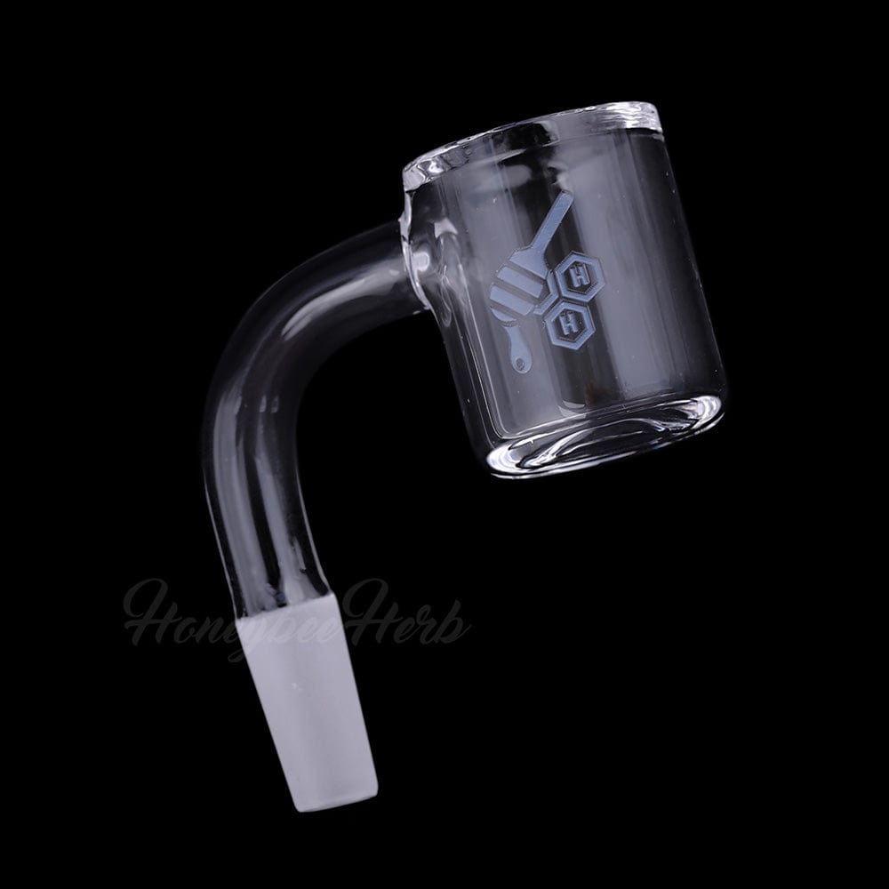 A close-up, angled view of the ORIGINAL BEVEL QUARTZ BANGER - 90° DEGREE, showcasing its clear quartz construction and right-angle design.