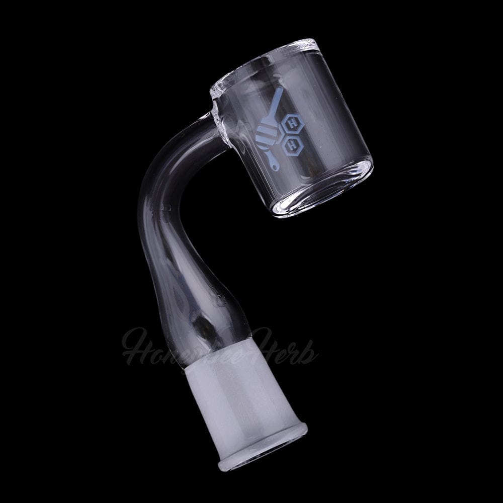 A three-quarter view of the Original Bevel Quartz Banger - 90° Degree, showcasing its clear quartz construction and angled design.