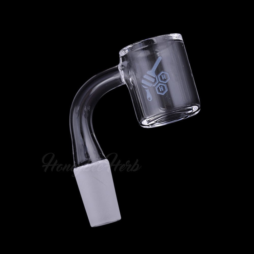 A slightly angled view of the Original Bevel Quartz Banger – 90° Degree, showing its clear quartz construction and flared opening.