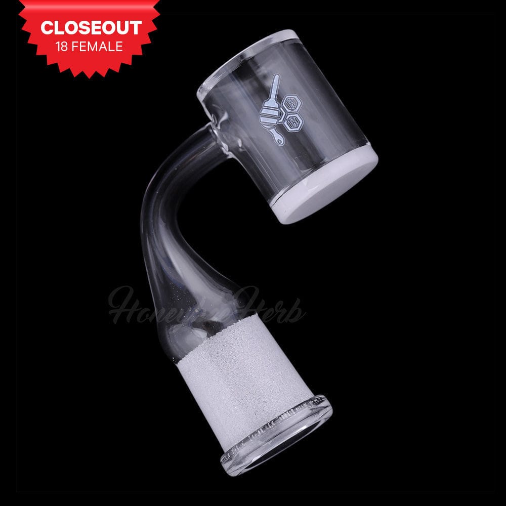 A close-up, angled view of the HONEY & MILK BEVEL QUARTZ BANGER – 90° DEGREE, showing the clear quartz with a beveled edge.