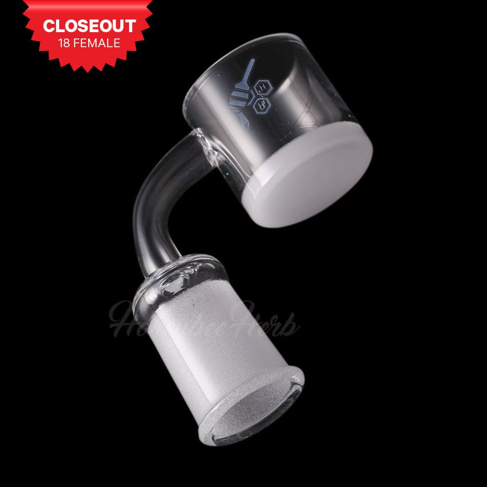 Angled close-up of the HONEY & MILK XL BEVEL QUARTZ BANGER - 90Â° DEGREE | YL showing its frosted joint and clear quartz bucket against a black background