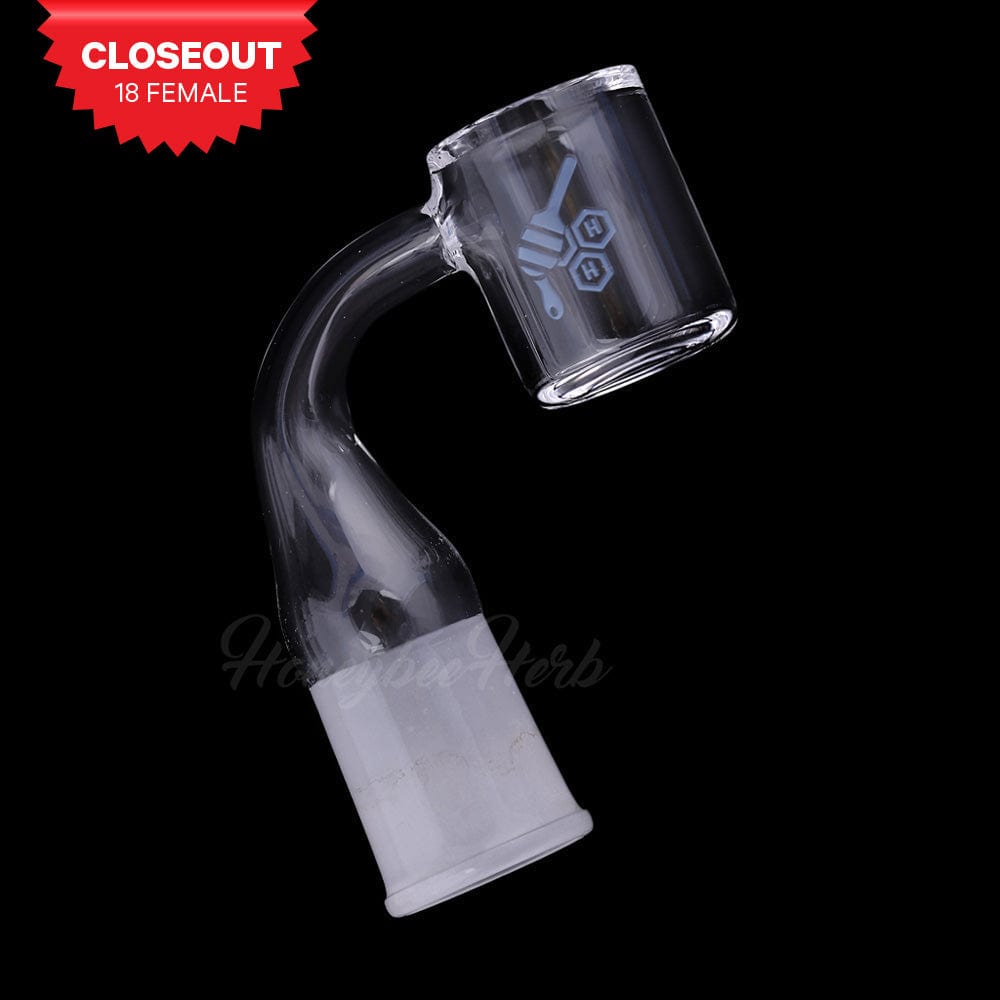 A close-up, angled view of the Original Bevel Quartz Banger – 90° Degree, showing its clear quartz construction.