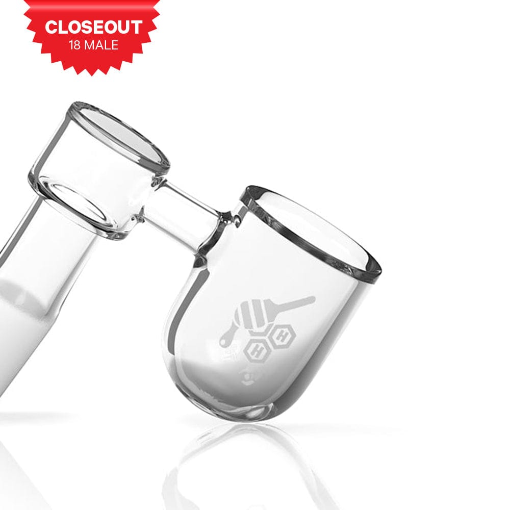 A studio shot of the HONEY BEVEL BOWL SIDECAR QUARTZ BANGER - 90° DEGREE  YL, highlighting its clear glass construction and angled design.