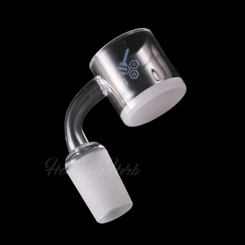 Angled close-up of the HONEY & MILK XL BEVEL QUARTZ BANGER - 90Â° DEGREE | YL showing its frosted joint and clear beveled quartz cup against a black background