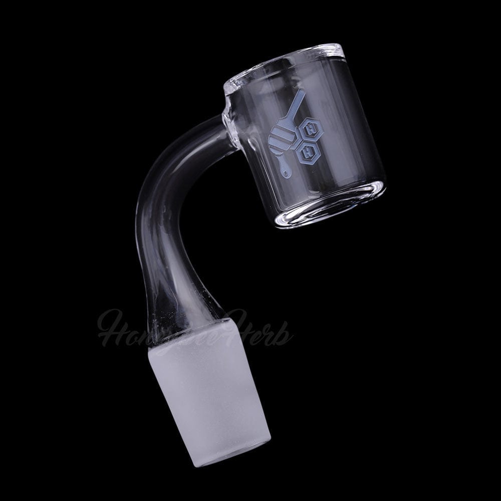 A close-up, angled view of the ORIGINAL BEVEL QUARTZ BANGER - 90° DEGREE, showcasing its clear quartz construction and angled design.