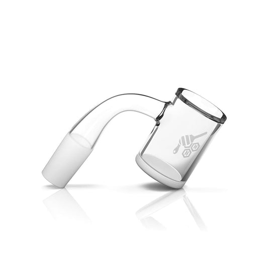 A three-quarter view of the HONEY & MILK BEVEL QUARTZ BANGER - 90° DEGREE  YL, showing its angled, reflective quartz construction.